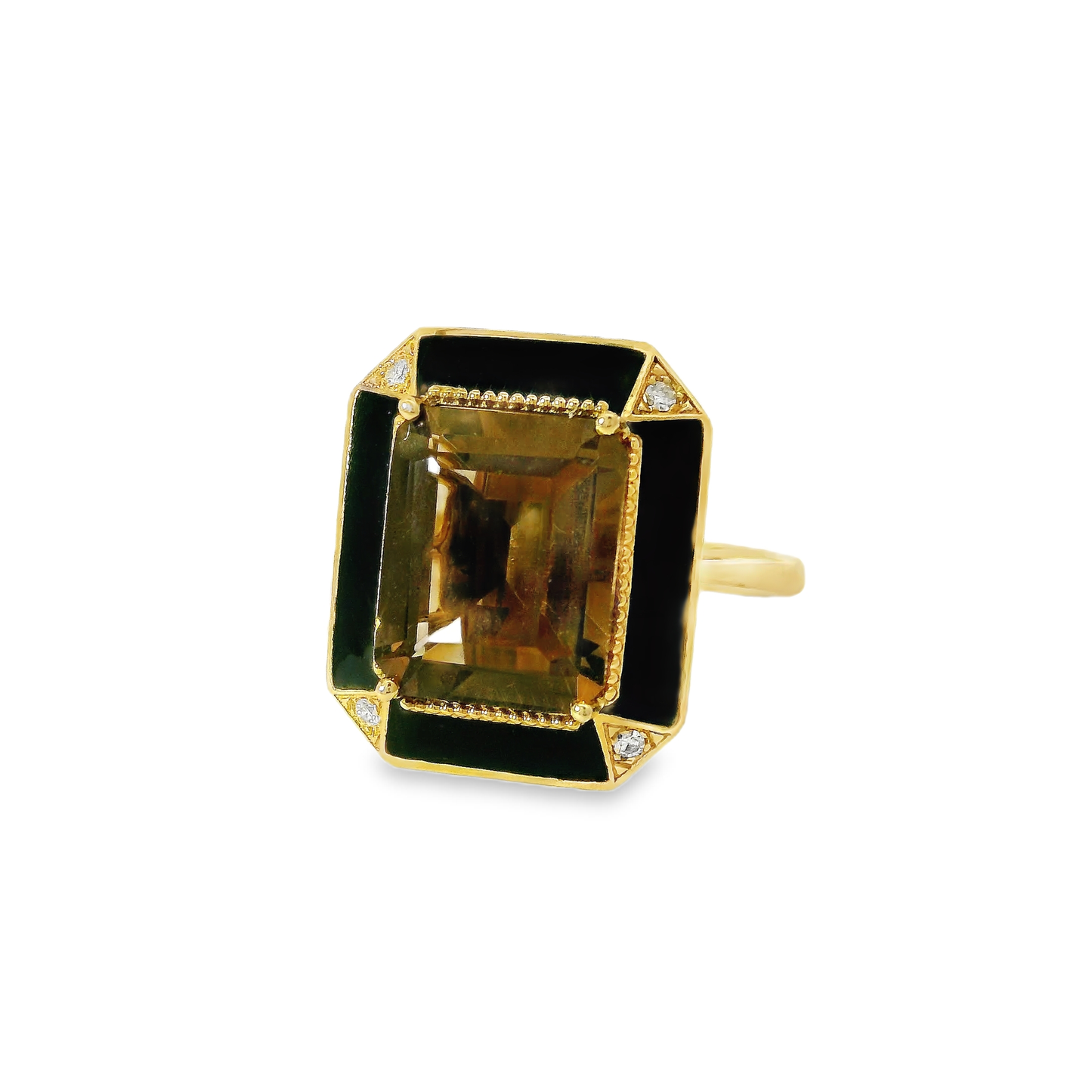 0.03CT Diamond and 3.56CT Emerald Cut Smokey Quartz Ring 14K Yellow Gold