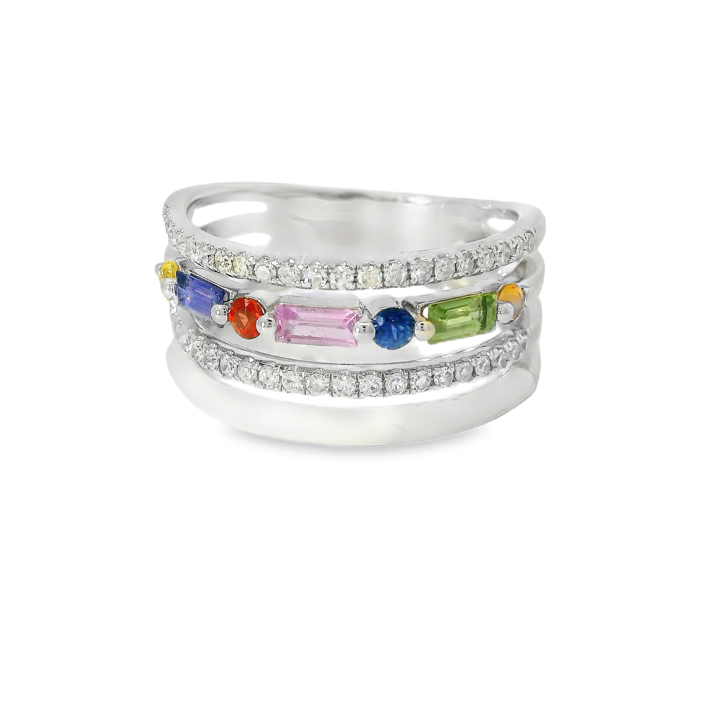 0.26CT Diamond and 0.64CT Multi Sapphire Gemstone Ring 14K White Gold