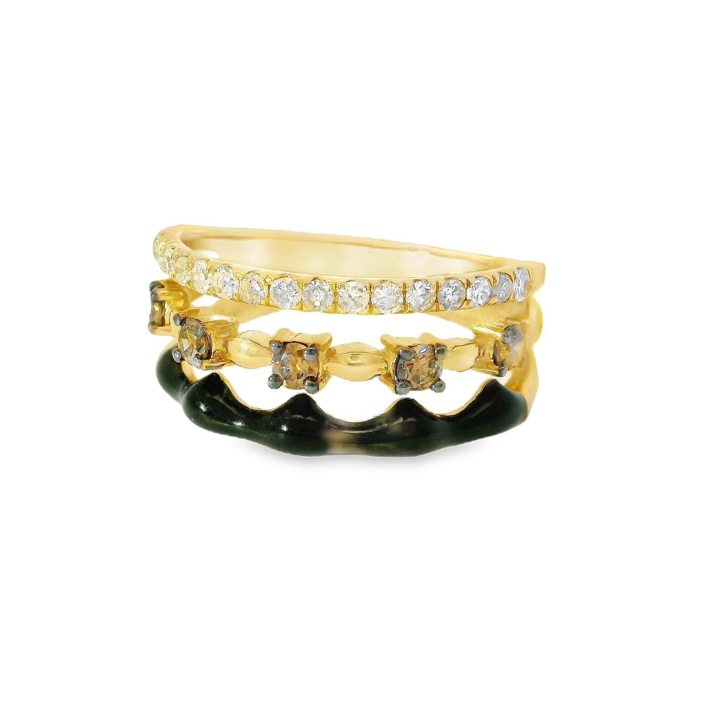0.29CT White and Brown Diamonds with Black Enamel Ring 14K Yellow Gold