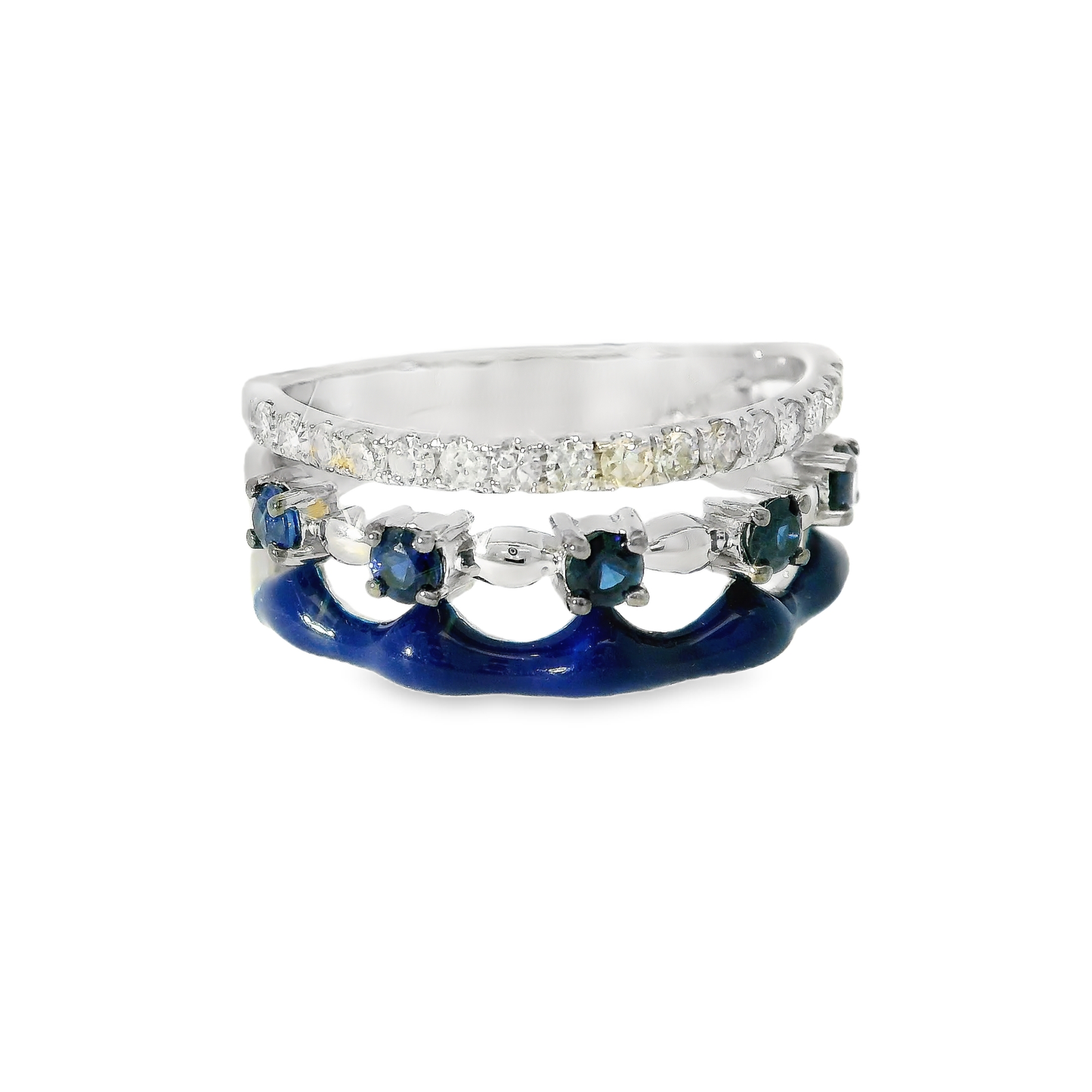0.24CT Diamond and 0.36CT Blue Sapphire with Blue Enamel Ring 14K White Gold