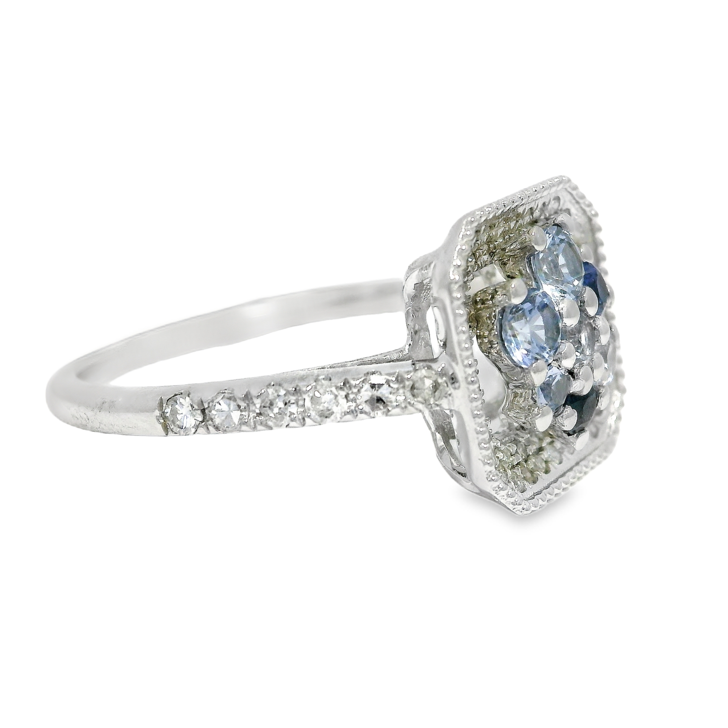 0.33CT Diamond and 0.66CT Multi Blue Sapphire Ring 14K White Gold