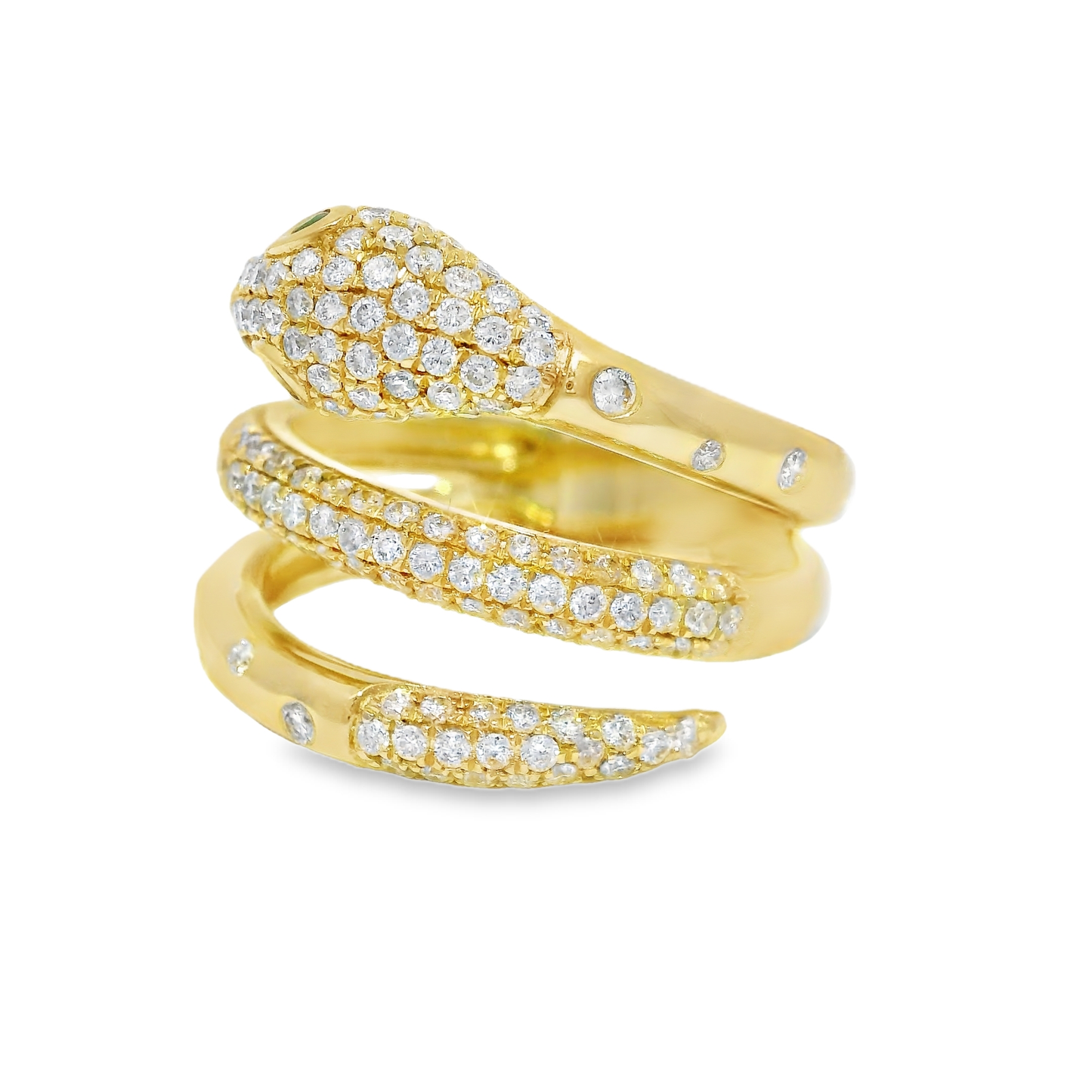 0.90 Diamond and 0.04CT Emerald Serpent Ring 14K Yellow Gold