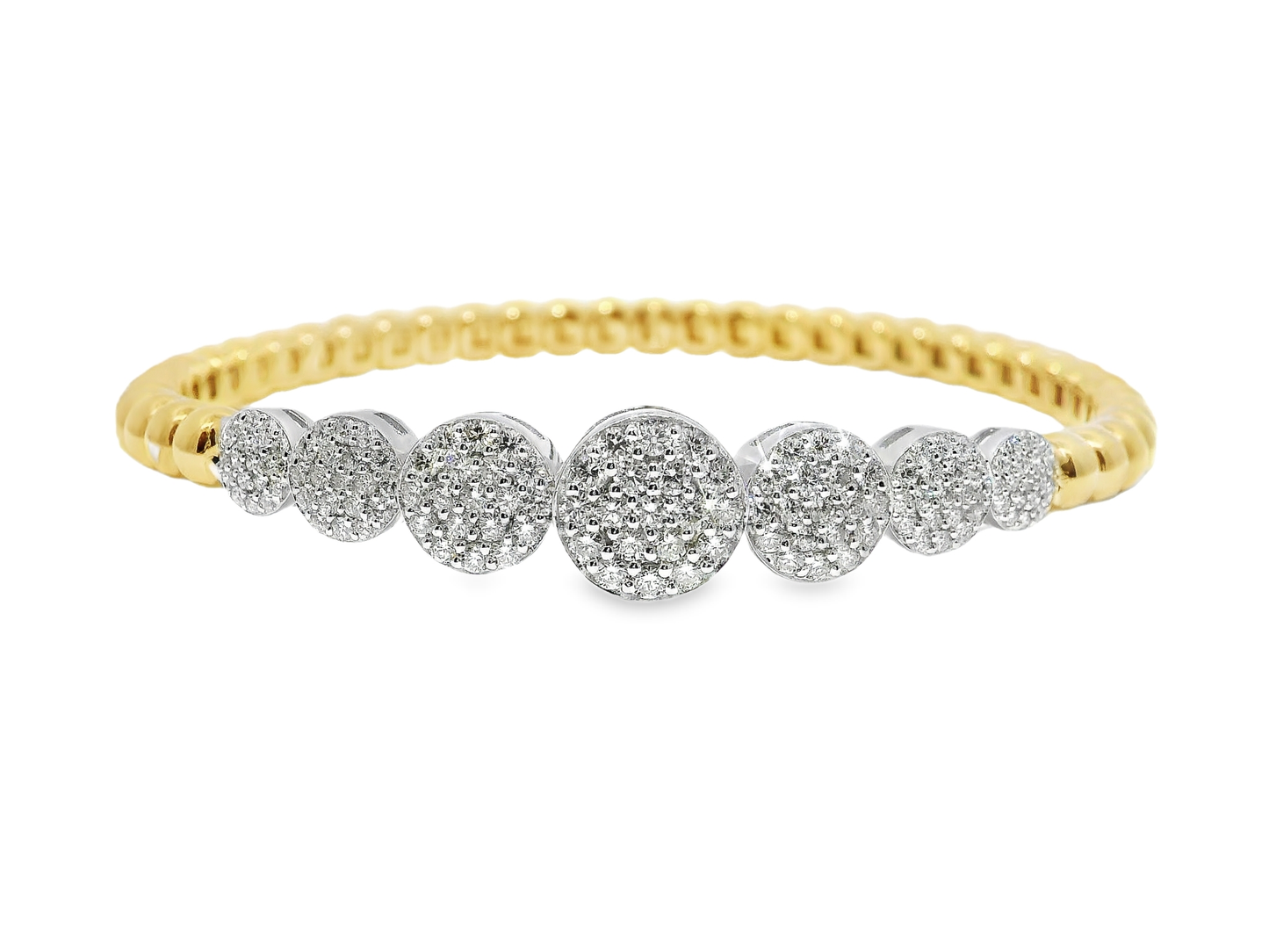1.59CT Graduated Diamond disk Plain Beads Stretch Bangle 14k Yellow Gold