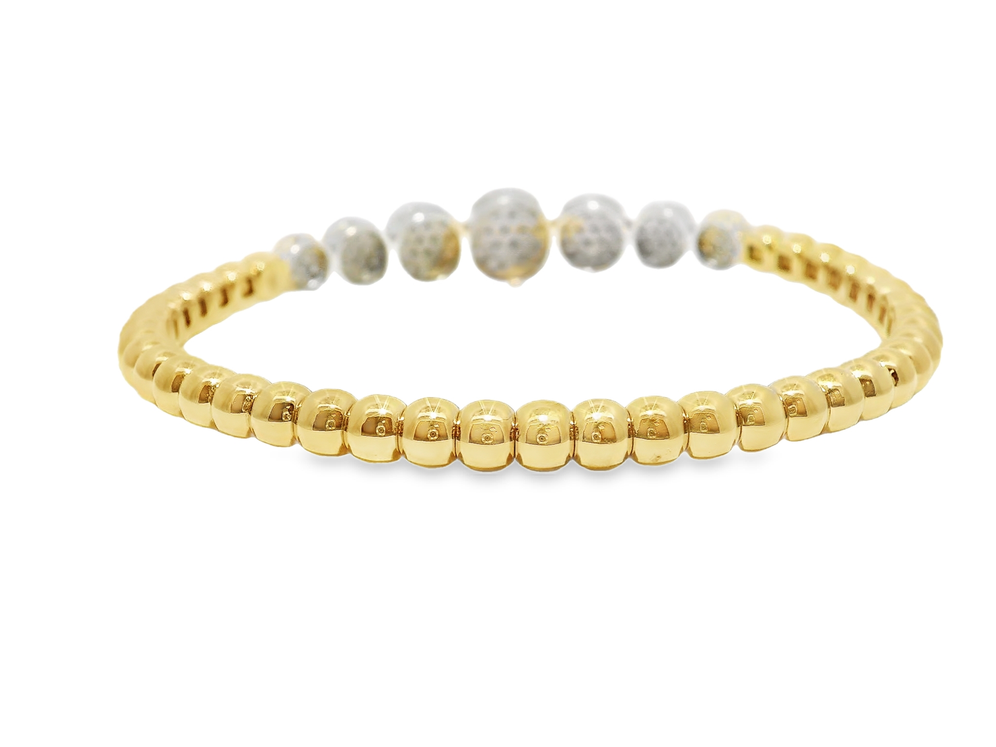 1.59CT Graduated Diamond disk Plain Beads Stretch Bangle 14k Yellow Gold