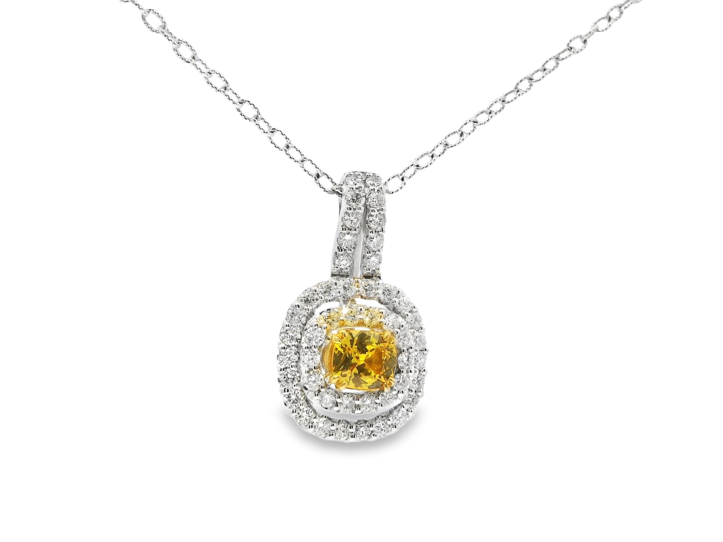 1.15CT Diamond Pendant with Yellow Sapphire Centre Stone 14k White Gold