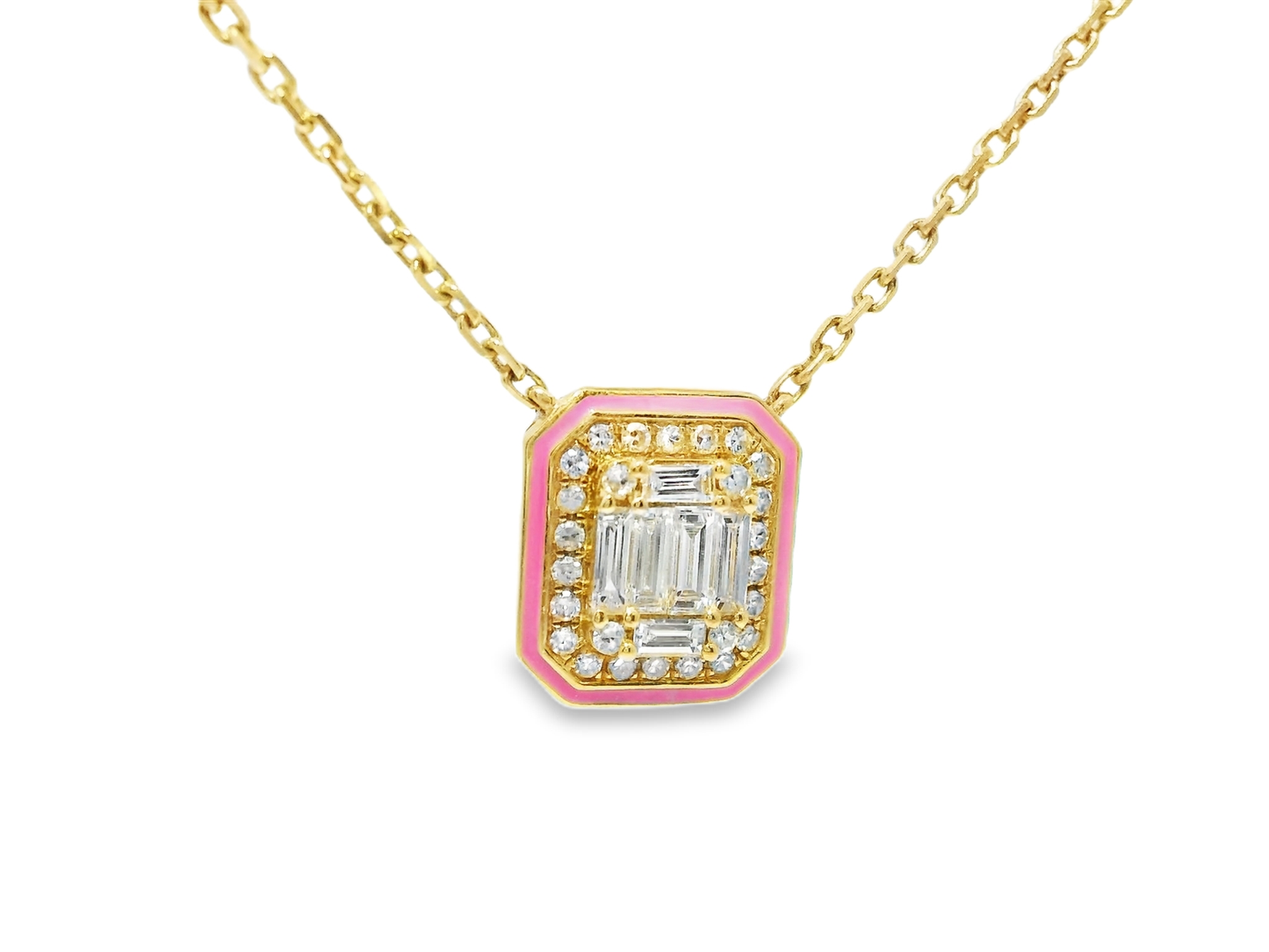 0.29CT Diamond Pendant with Pink Enamel 14k Yellow Gold