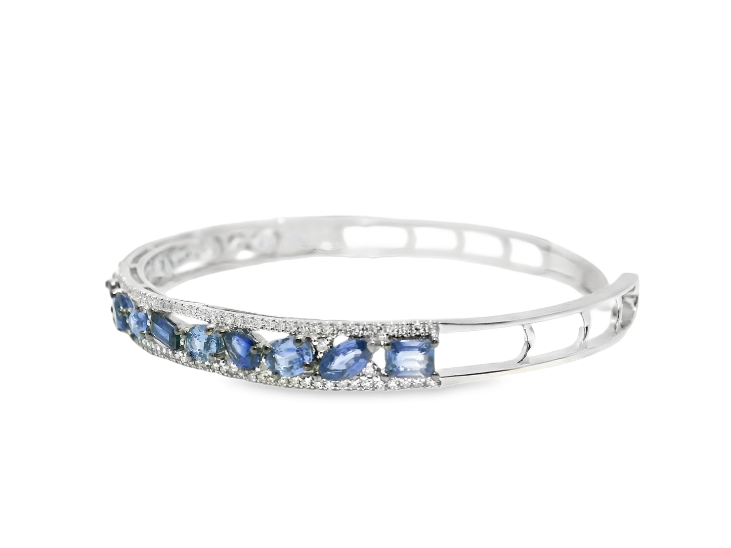 0.66CT Diamond 2.87CT Blue Sapphire Bangle 14k White Gold