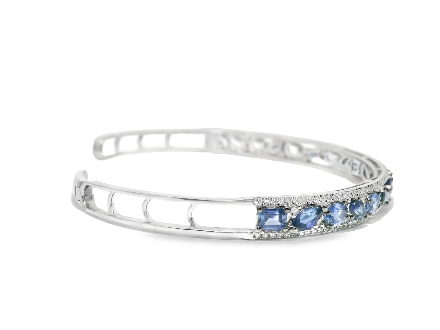 0.66CT Diamond 2.87CT Blue Sapphire Bangle 14k White Gold