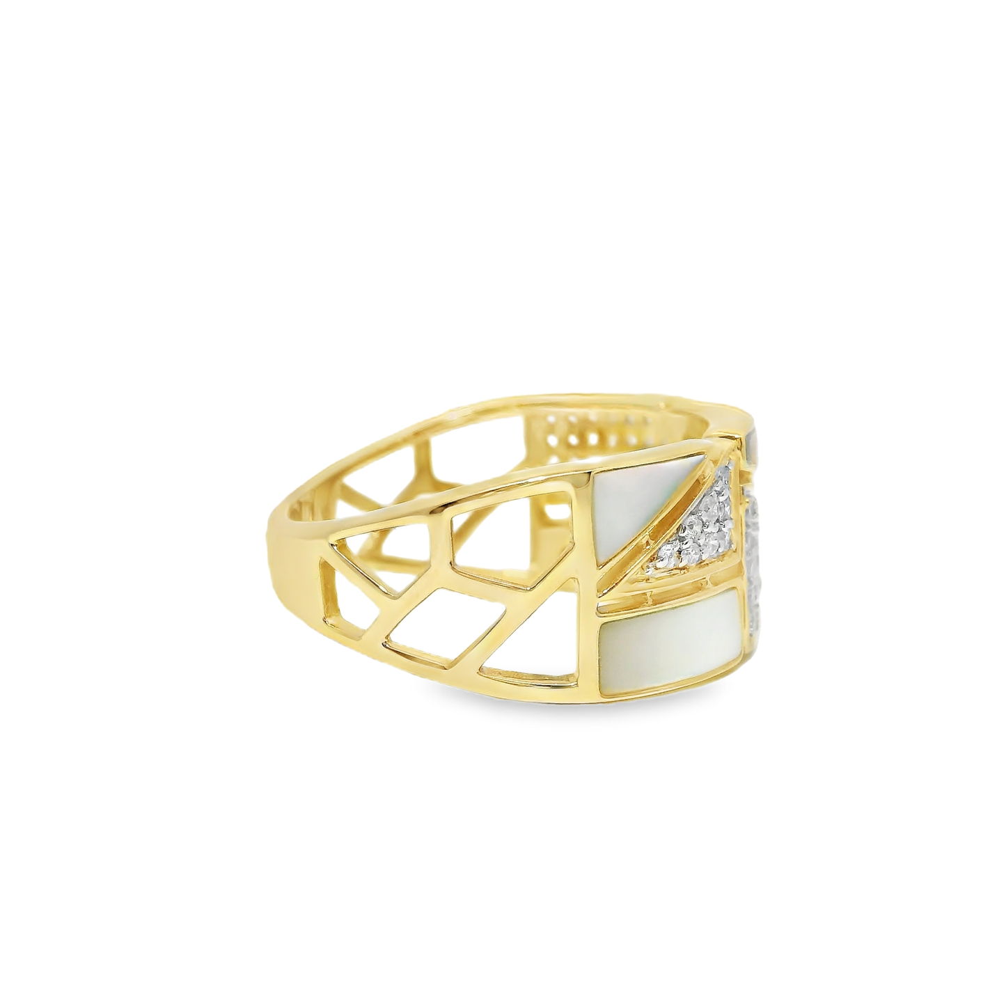 0.32CT Diamond 1.16CT White MOP Ring 14k Yellow Gold