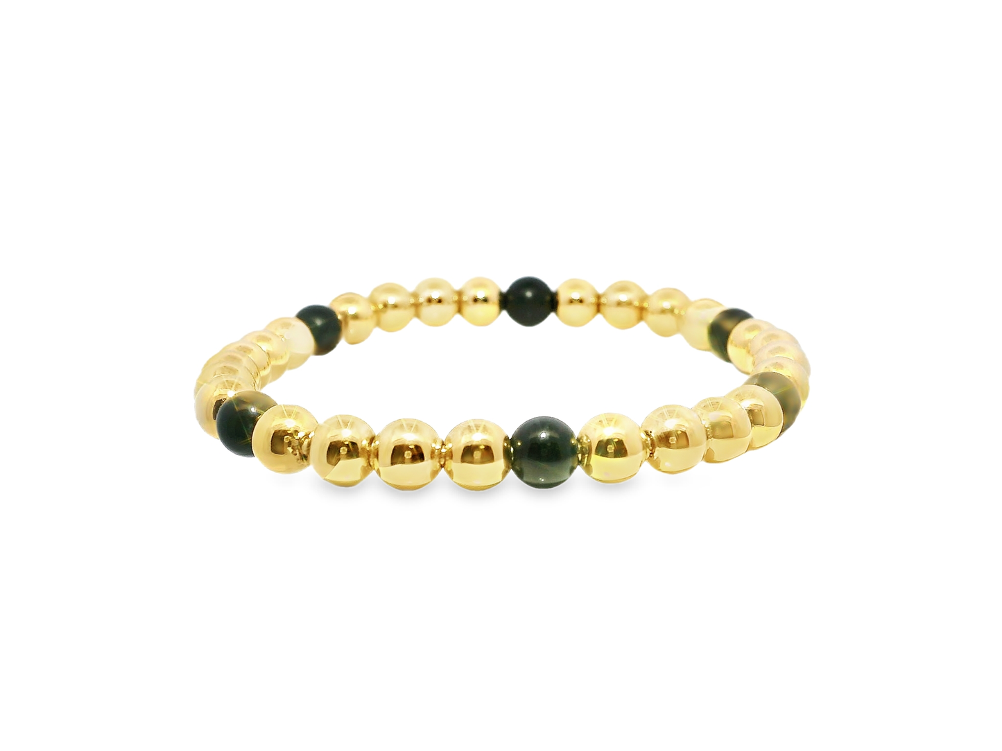 Plain Beaded with Onyx 14k Yellow Gold Bangle