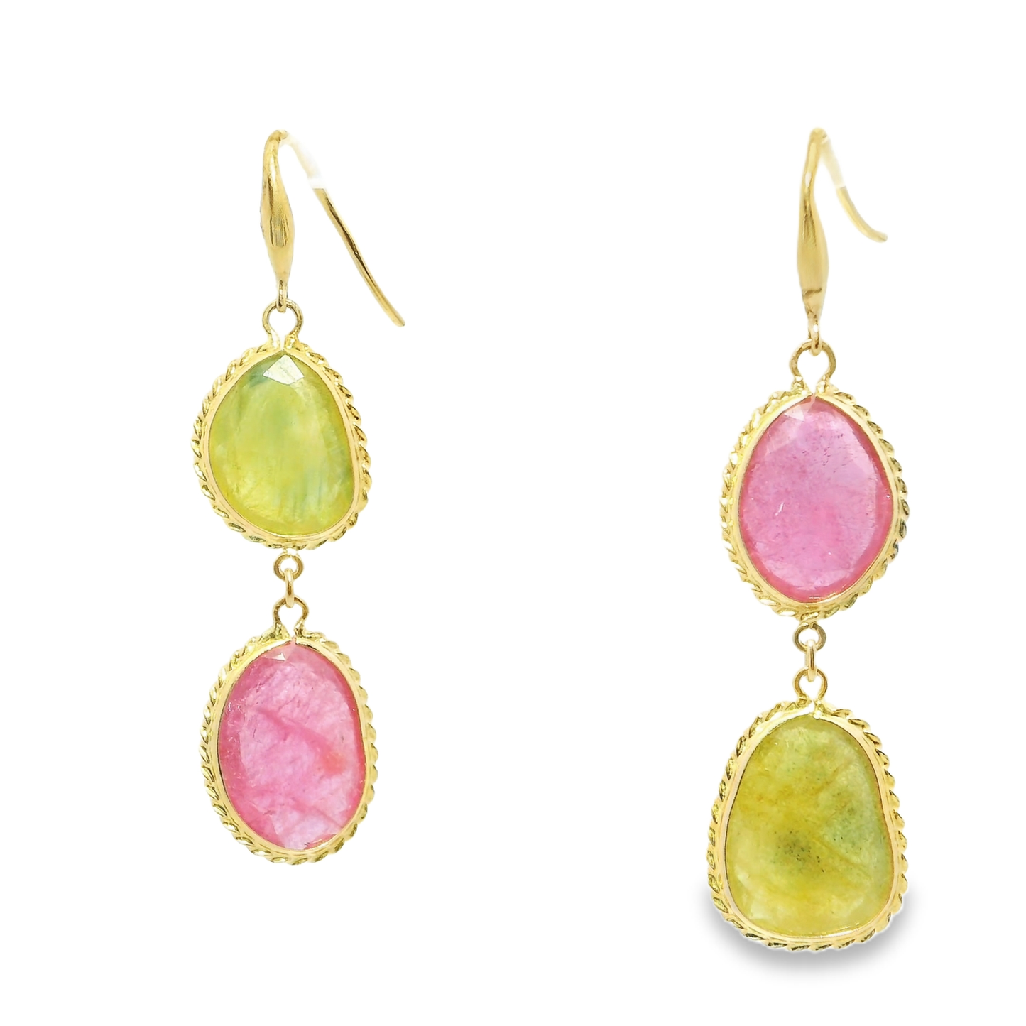 Pink and Green Sapphire 14k Yellow Gold Earring