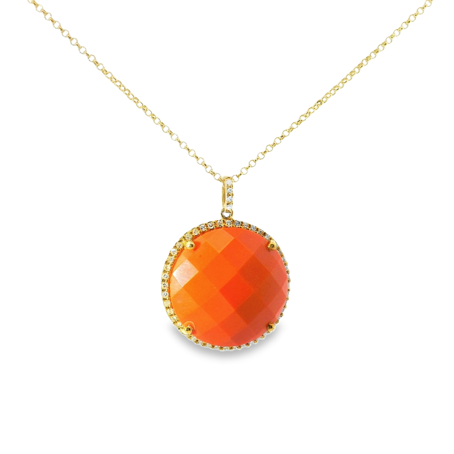 0.15CT Diamond With Coral Stone 14k Yellow Gold