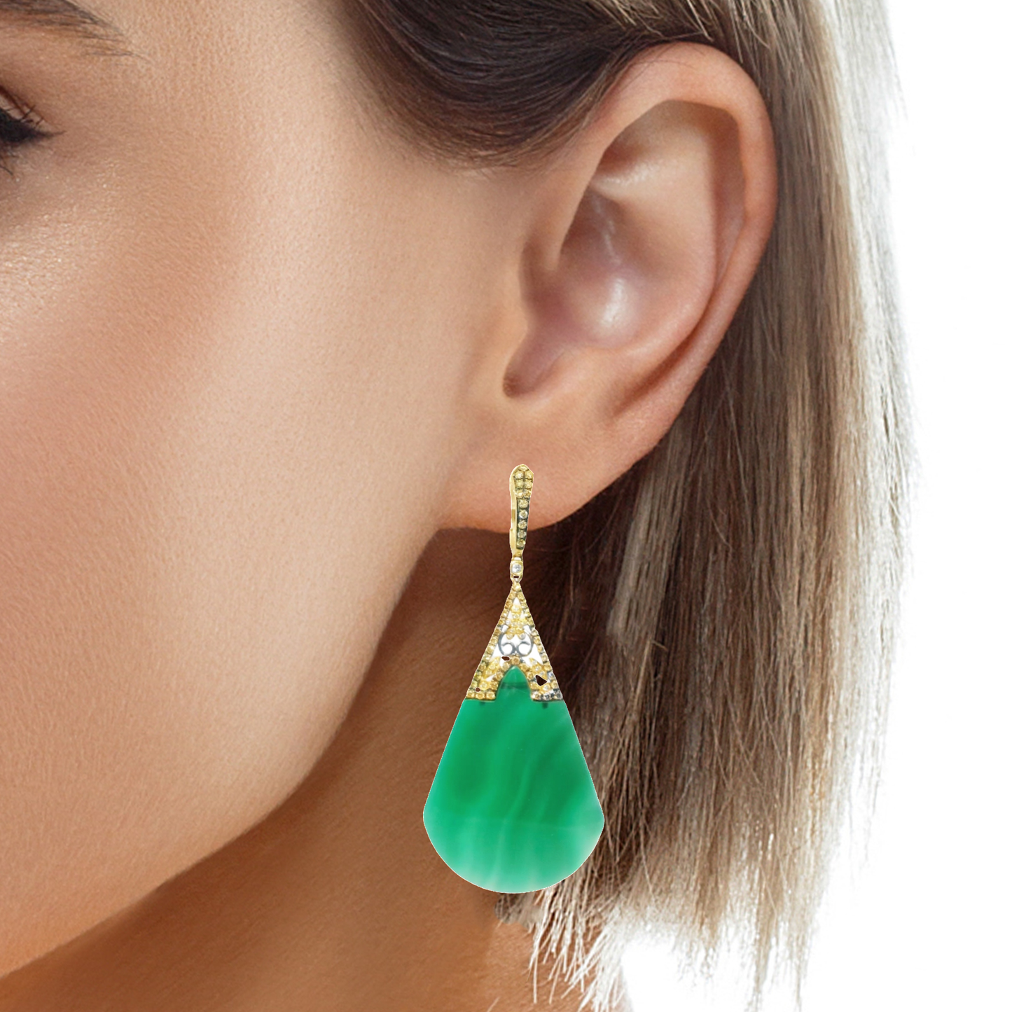 0.80CT Diamond with Green Agate Earrings 14k Yellow Gold
