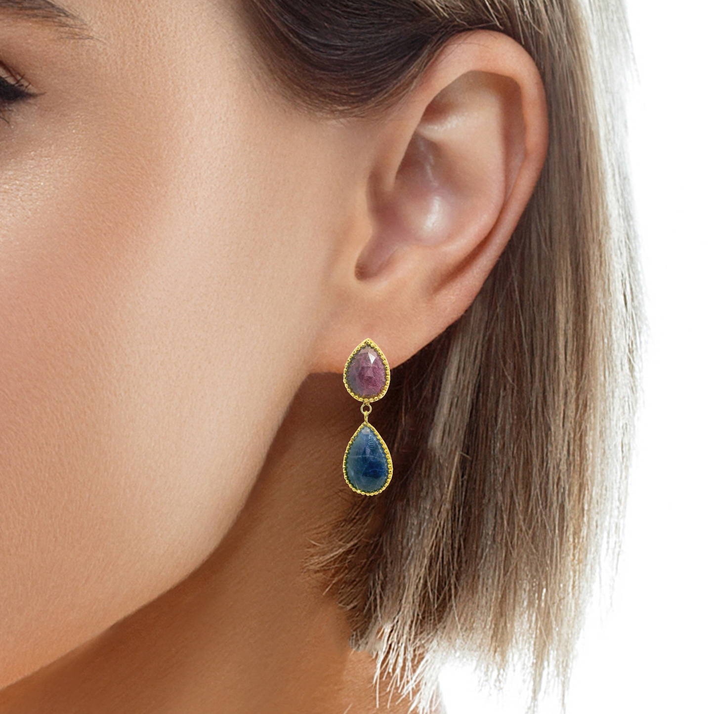 Pink and Blue Sapphire 14k Yellow Gold Earring