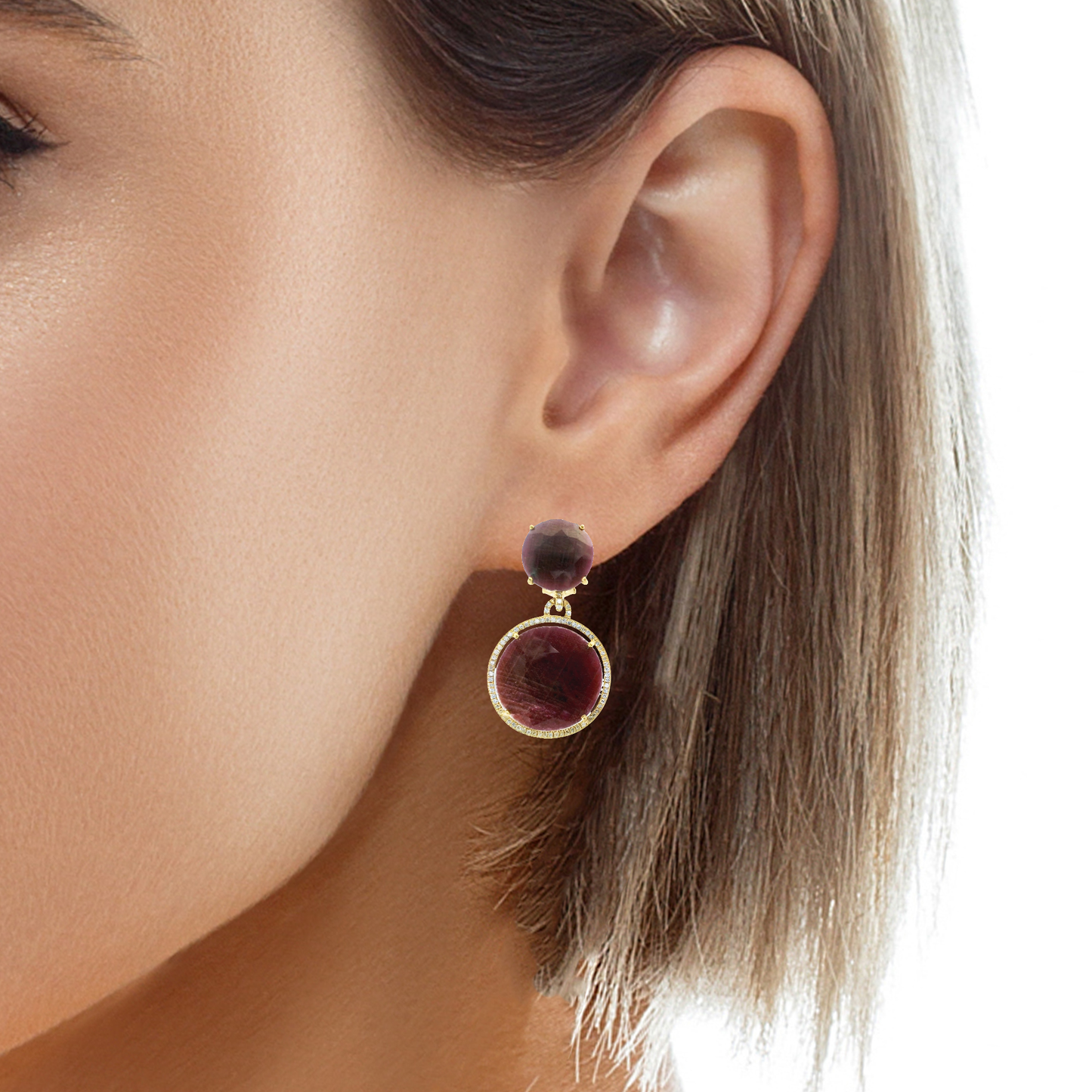 0.58CT Diamond with Ruby 14k Yellow Gold Earring