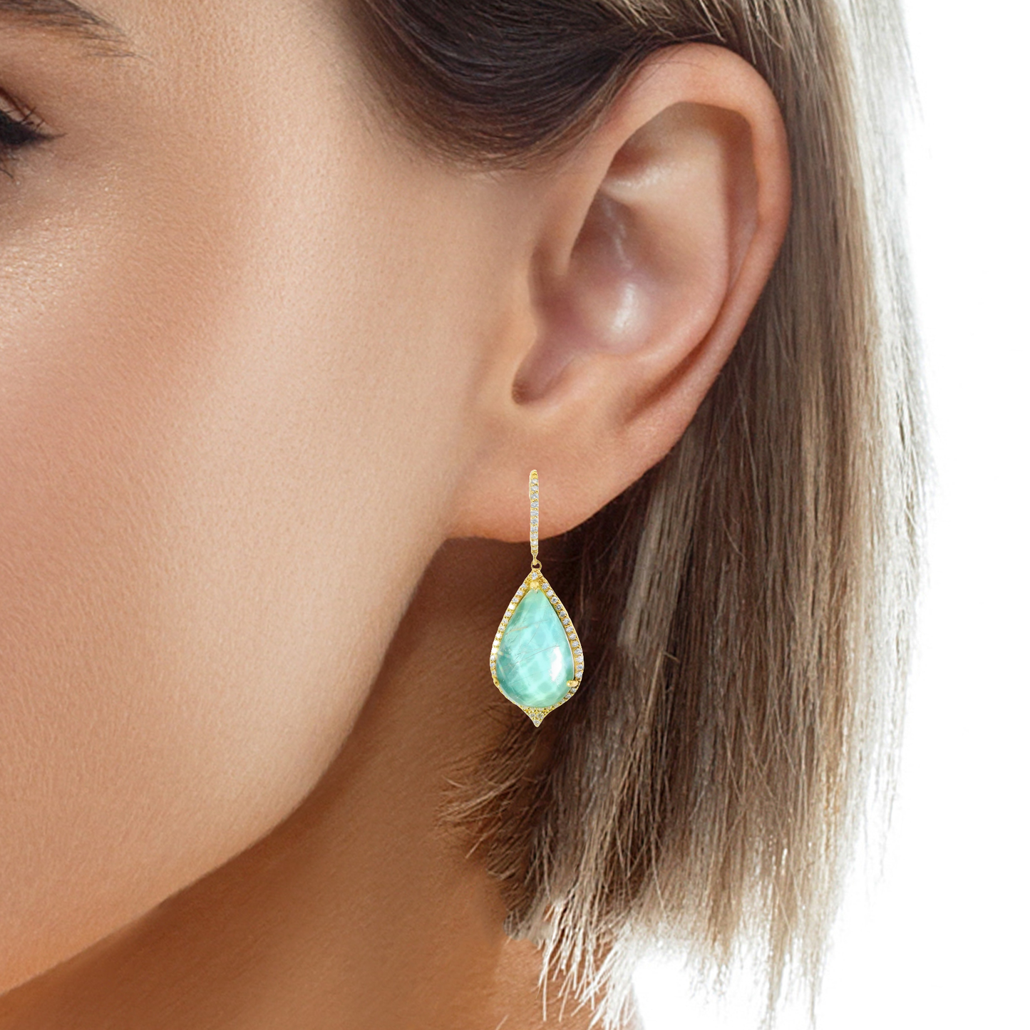 0.88CT Diamond with Faceted Labradorite 14k Yellow Gold Earring