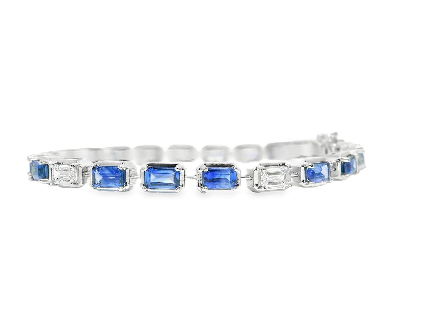1.89CT Emerald Cut Lab Diamond 5.39CT Blue Sapphire 14K White Gold Bracelet