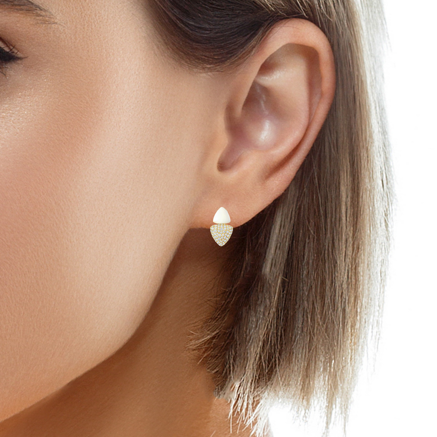 1.50CT Diamond Earring with White Agate 14k Yellow Gold
