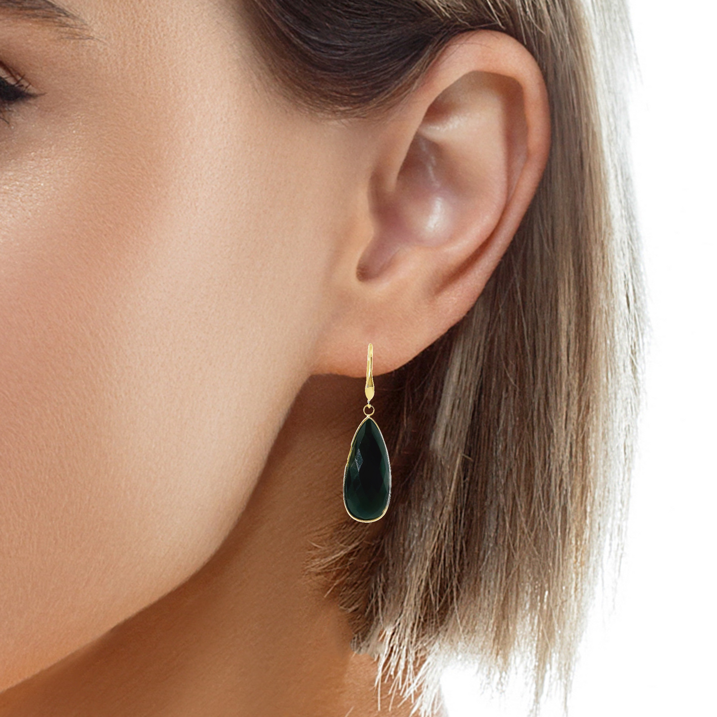 Black Quartz Hoop Earring 14k Yellow Gold