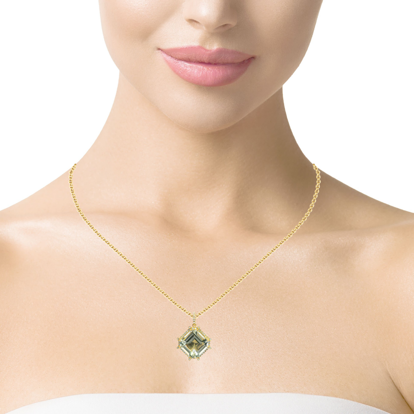 0.32CT Diamond 12.38CT Green Amethyst Pendant 14k Yellow Gold