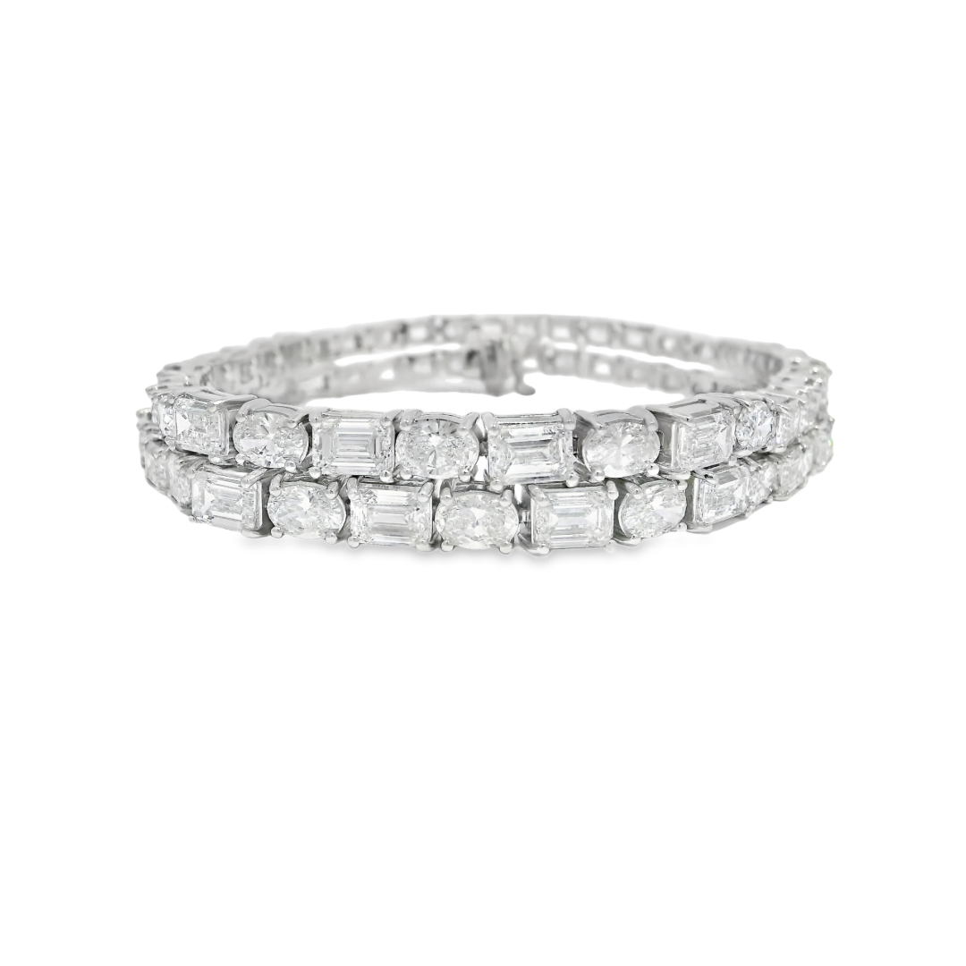 26.47CT Oval and Emerald Cut Lab Diamond 2 Row Tennis Bracelet 14K White Gold