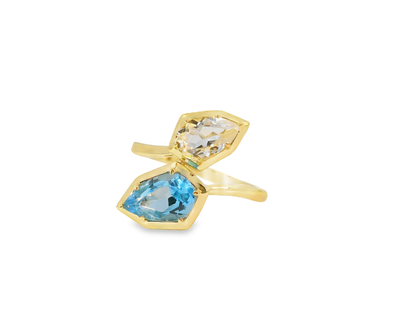 1.52CT Blue and 0.87CT White Topaz Ring 14K Yellow Gold