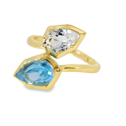 1.52CT Blue and 0.87CT White Topaz Ring 14K Yellow Gold