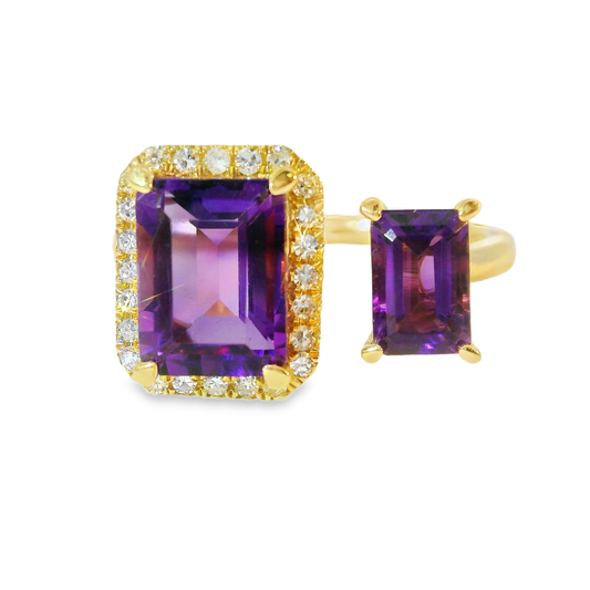 0.12CT Diamond and 2.34CT Emerald Cut Purple Amethyst Ring 14K Yellow Gold