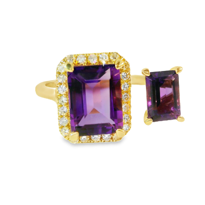 0.12CT Diamond and 2.34CT Emerald Cut Purple Amethyst Ring 14K Yellow Gold