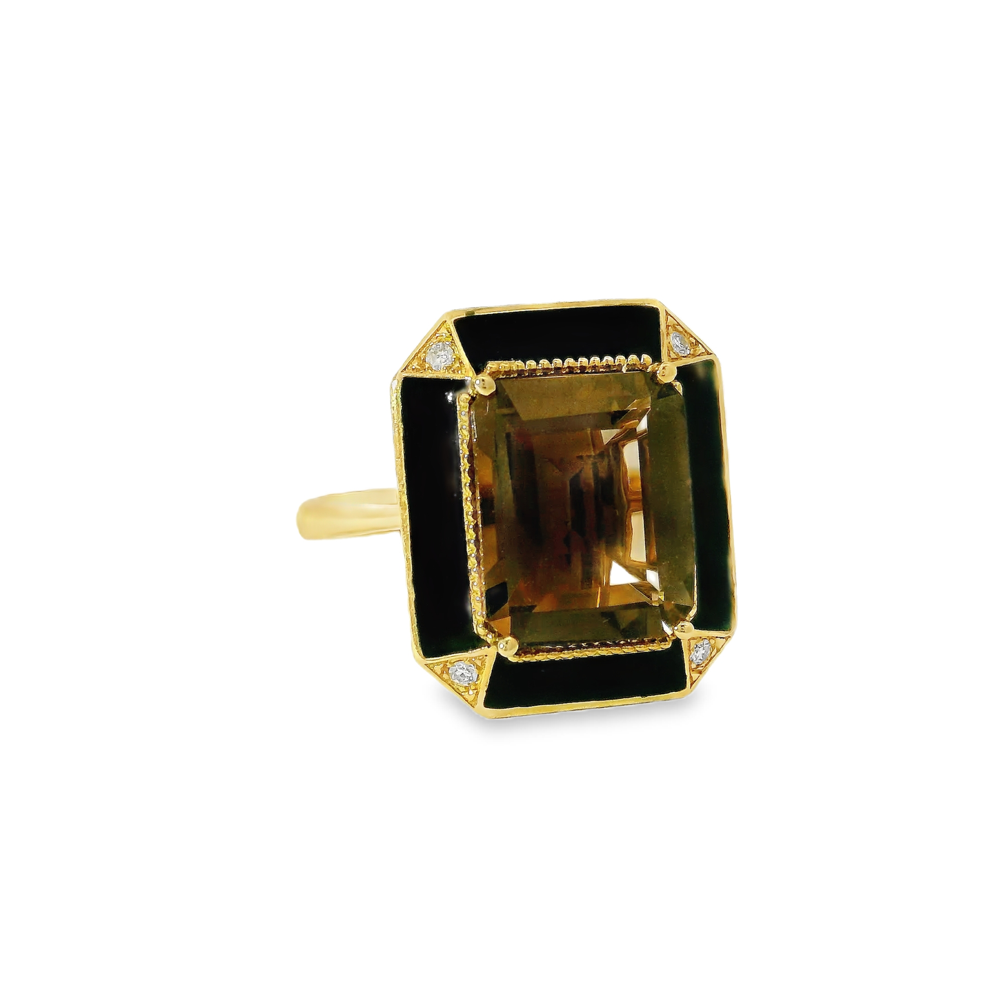 0.03CT Diamond and 3.56CT Emerald Cut Smokey Quartz Ring 14K Yellow Gold