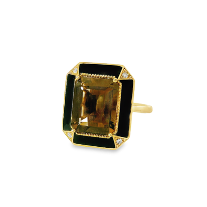 0.03CT Diamond and 3.56CT Emerald Cut Smokey Quartz Ring 14K Yellow Gold