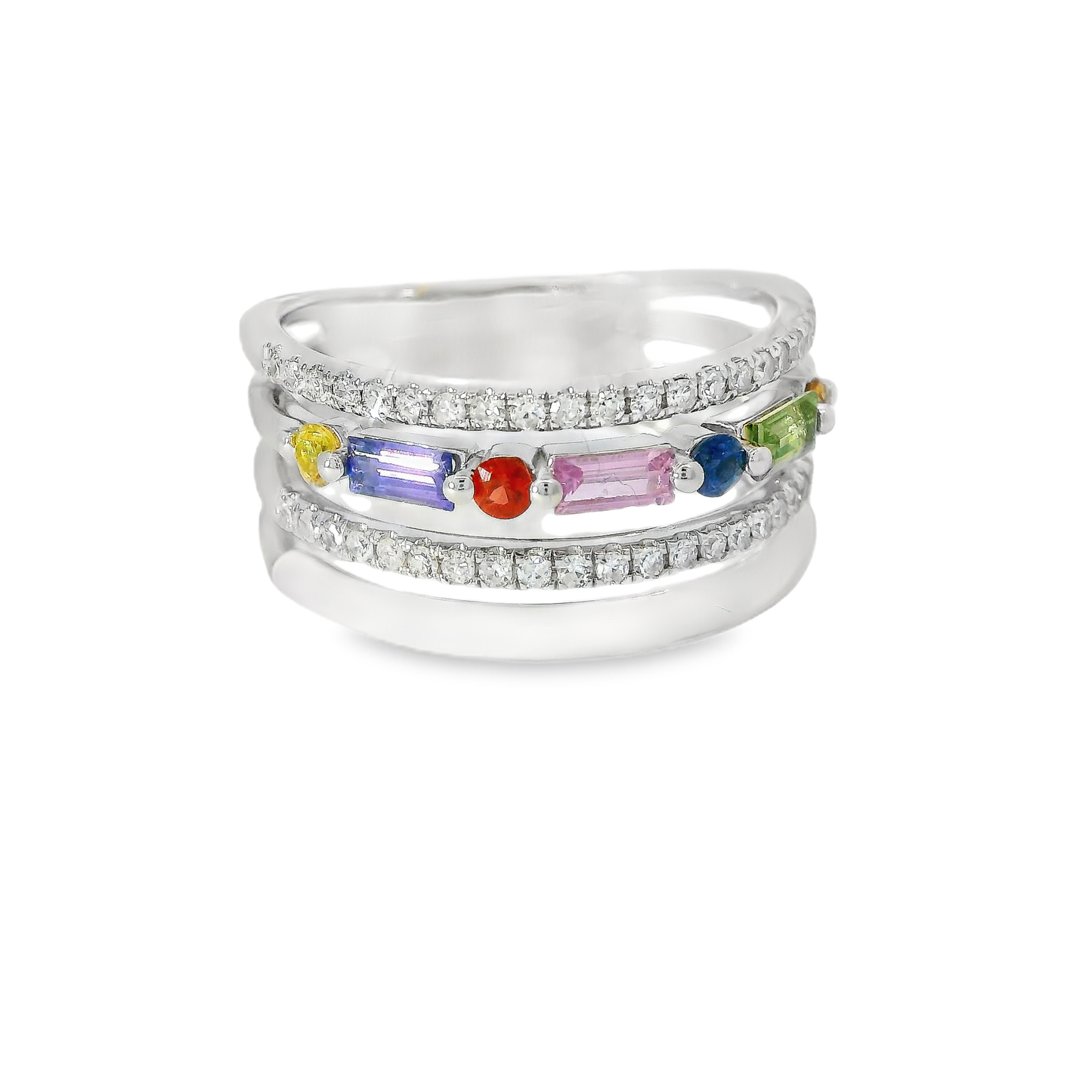 0.26CT Diamond and 0.64CT Multi Sapphire Gemstone Ring 14K White Gold
