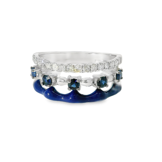 0.24CT Diamond and 0.36CT Blue Sapphire with Blue Enamel Ring 14K White Gold