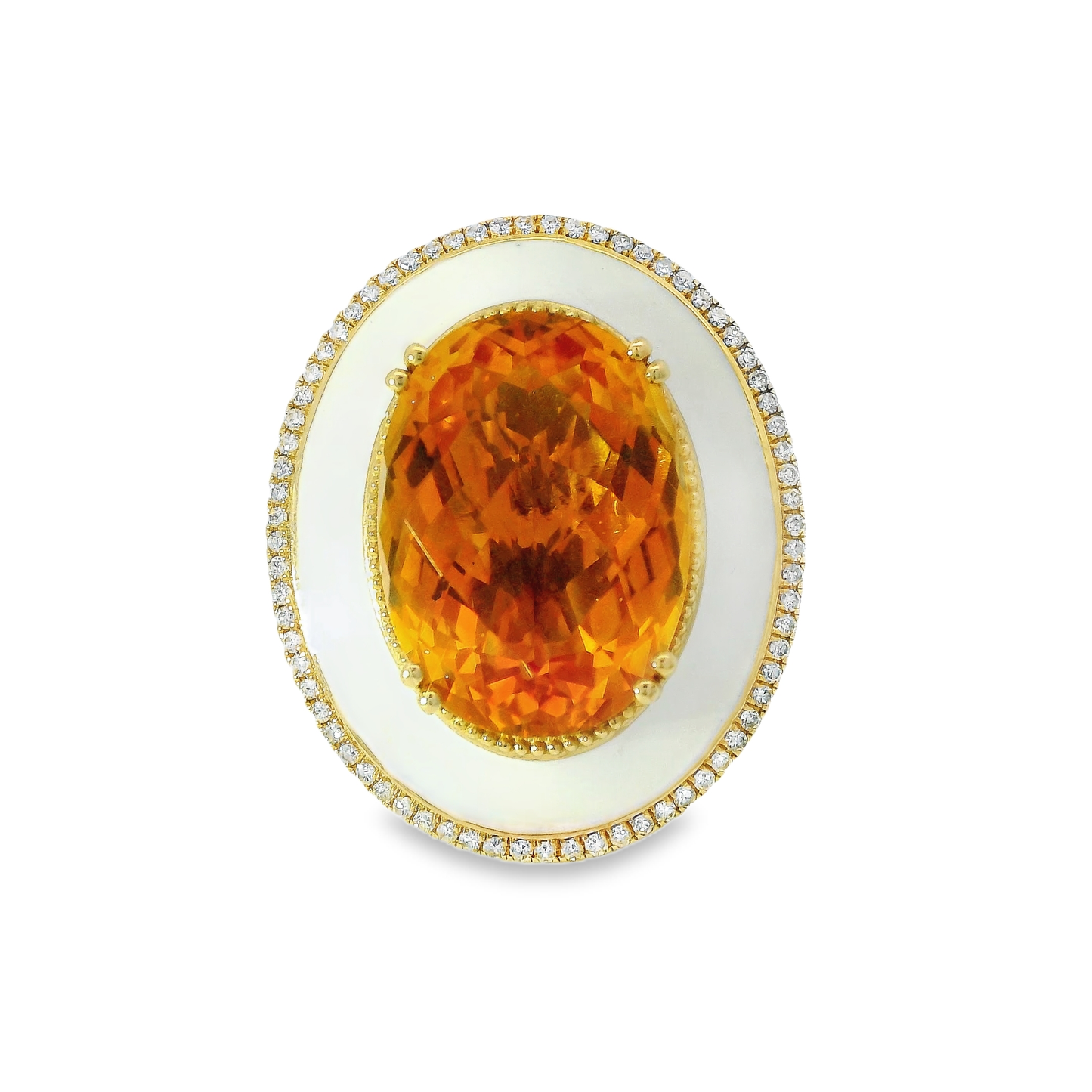 0.29CT Diamond and 12.80CT Gold Citrine with White Enamel Ring 14K Yellow Gold
