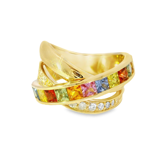 0.17CT Diamond and 1.81CT Mixed Sapphire Gemstone Ring 14K Yellow Gold