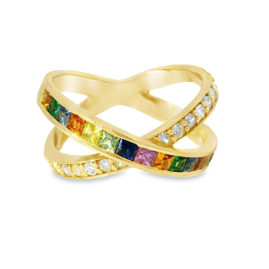 0.22CT Diamond and 0.93CT Mixed Sapphire Gemstone Ring 14K Yellow Gold