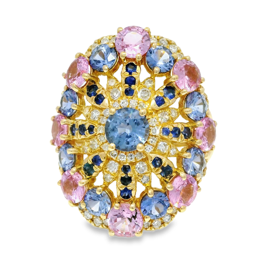 0.29CT Diamond and 4.71CT Multi-Colored Sapphire Gemstone Ring 14K Yellow Gold