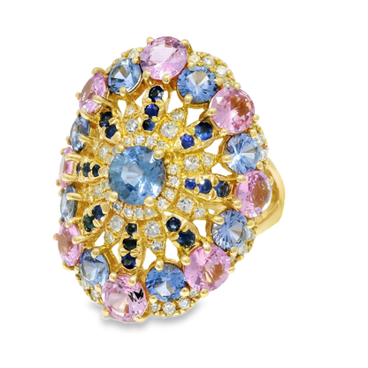 0.29CT Diamond and 4.71CT Multi-Colored Sapphire Gemstone Ring 14K Yellow Gold