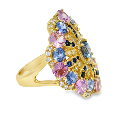 0.29CT Diamond and 4.71CT Multi-Colored Sapphire Gemstone Ring 14K Yellow Gold