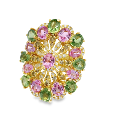0.42CT Diamond and 8.72CT Mixed Sapphire Gemstone Ring 14K Yellow Gold