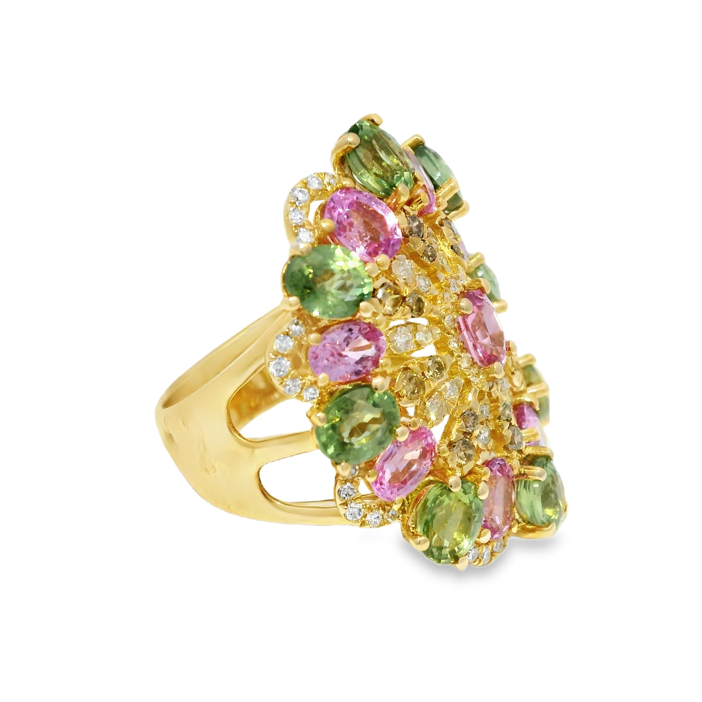 0.42CT Diamond and 8.72CT Mixed Sapphire Gemstone Ring 14K Yellow Gold