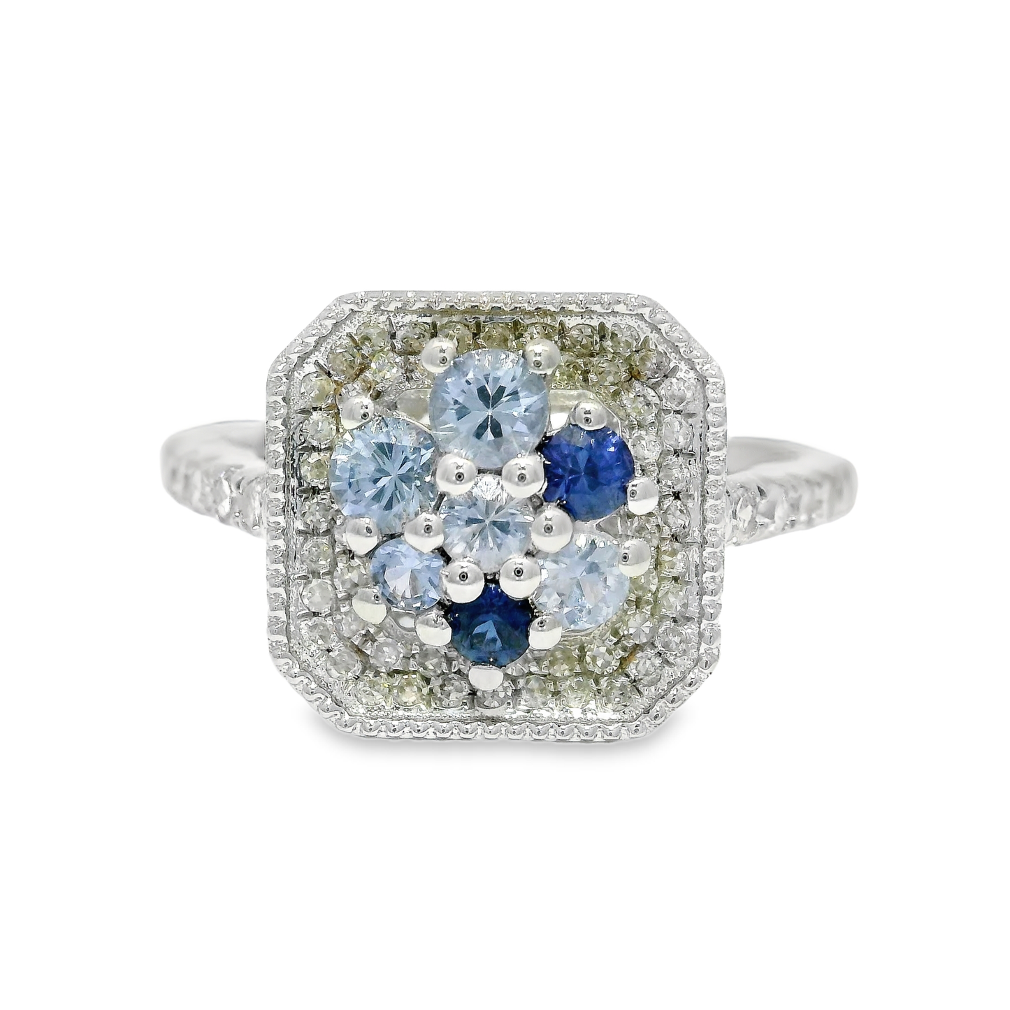 0.33CT Diamond and 0.66CT Multi Blue Sapphire Ring 14K White Gold