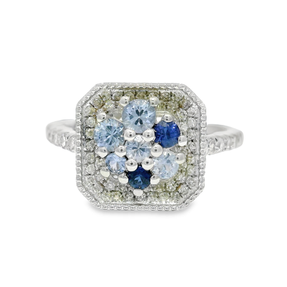 0.33CT Diamond and 0.66CT Multi Blue Sapphire Ring 14K White Gold