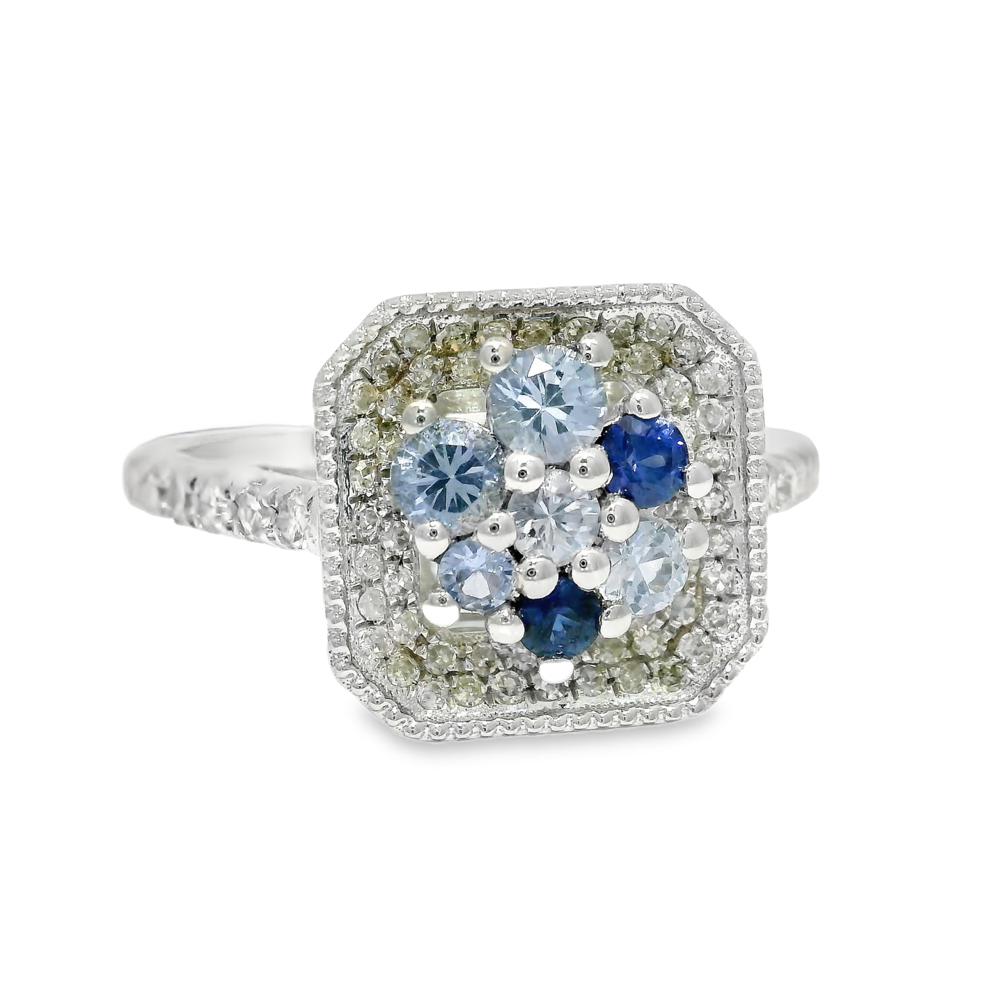 0.33CT Diamond and 0.66CT Multi Blue Sapphire Ring 14K White Gold