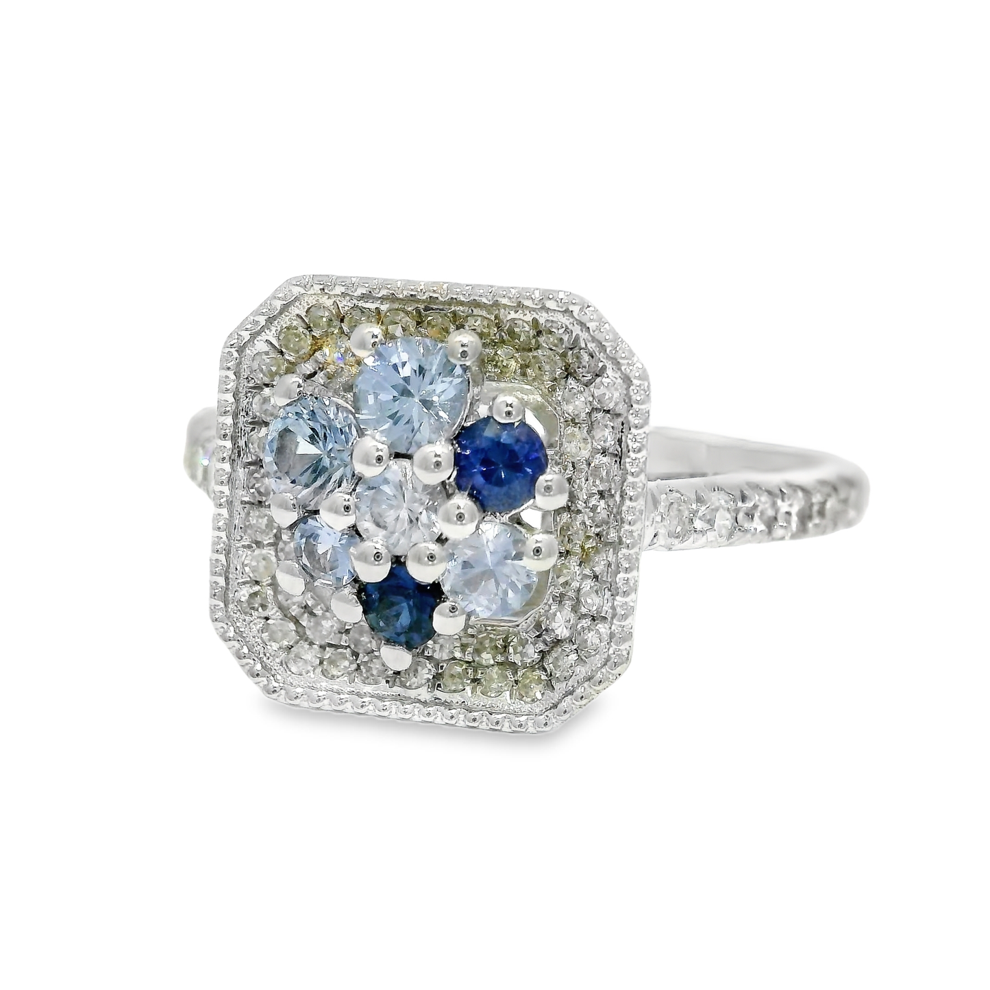 0.33CT Diamond and 0.66CT Multi Blue Sapphire Ring 14K White Gold