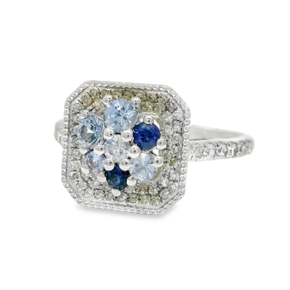 0.33CT Diamond and 0.66CT Multi Blue Sapphire Ring 14K White Gold
