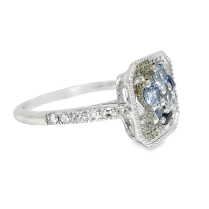 0.33CT Diamond and 0.66CT Multi Blue Sapphire Ring 14K White Gold