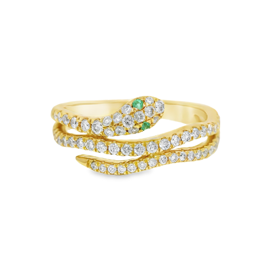 0.42CT Diamond and 0.03CT Emerald Serpent Ring 18K Yellow Gold