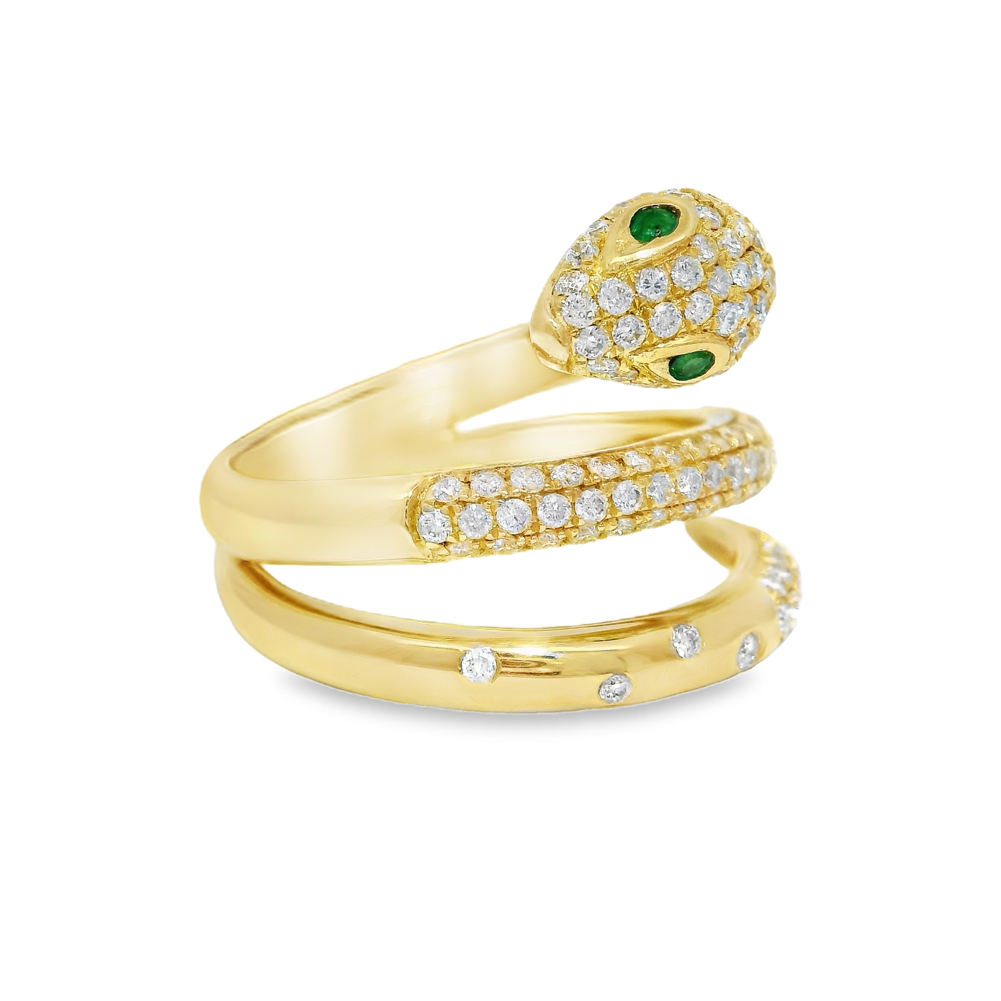 0.90 Diamond and 0.04CT Emerald Serpent Ring 14K Yellow Gold