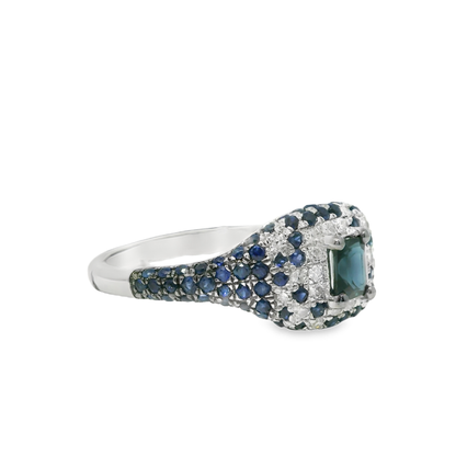 0.10CT Diamond & 0.83CT Blue Sapphire with Emerald Cut Blue Sapphire Centre Stone Ring 14k White Gold